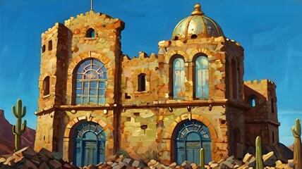 Obraz premium ゲーム背景 古代オリエント煉瓦宮殿風神殿遺跡と青空