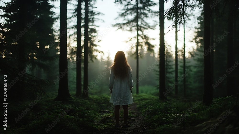 Poster mysterious silhouette of a girl standing alone in a lush forest at dawn with soft light breaking thr