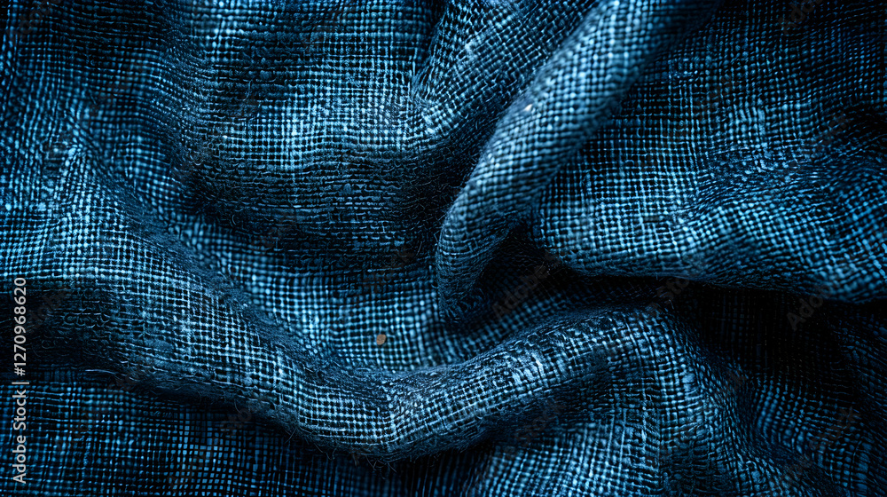 Aufkleber close-up view of textured blue fabric showcasing intricate weave patterns and soft drapes