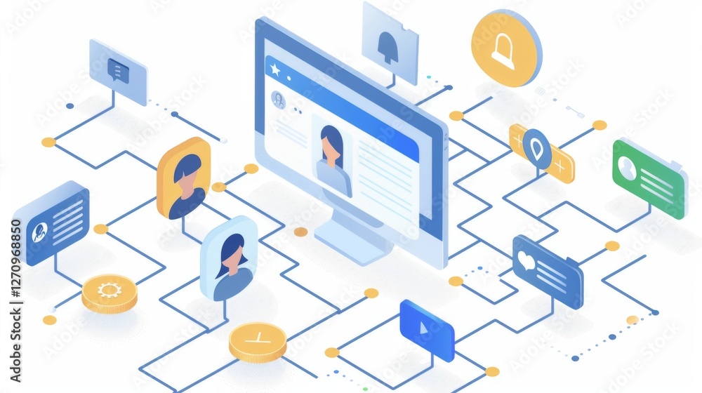 Poster A vibrant digital networking platform highlights various user profiles, messages, and notifications arranged in a dynamic, interconnected layout, representing online communication at its core.