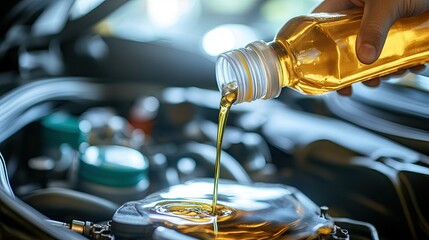 A person pouring engine oil from a clear plastic bottle into a car's engine, with an emphasis on the oil stream and the vehicle's engine