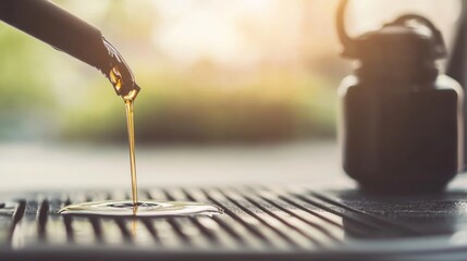 Oil pouring onto metal surface outdoors