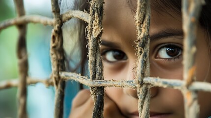 Emotional close up of a child's face peering through a rustic wooden fence revealing hidden feelings : Generative AI