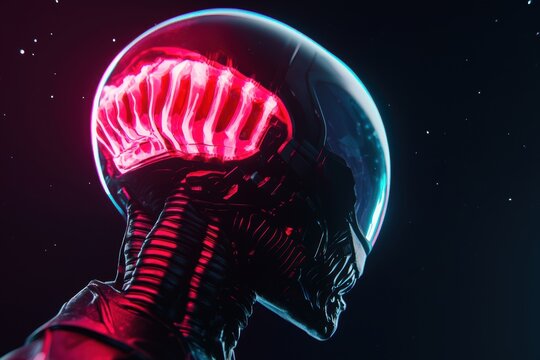 3D holographic alien with glowing bioluminescent patterns, deep-space NFT concept, cyberpunk-style lighting