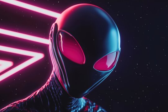 3D holographic alien with glowing bioluminescent patterns, deep-space NFT concept, cyberpunk-style lighting