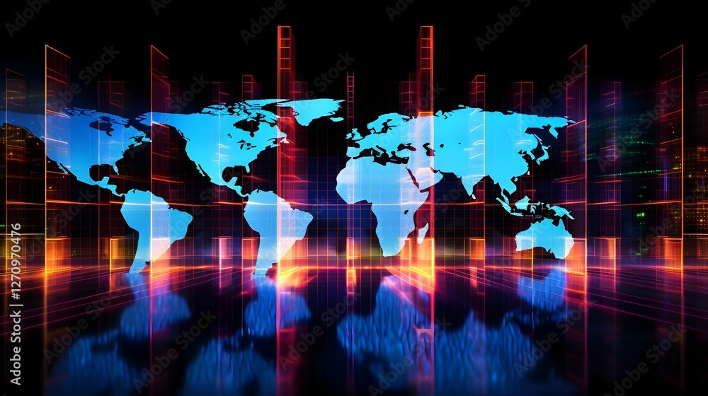 Poster futuristic holographic display showcasing the interconnected global internet network and its technol