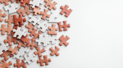 Assorted wooden puzzle pieces on a white background