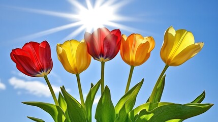 Sunny day tulips blooming outdoors, spring