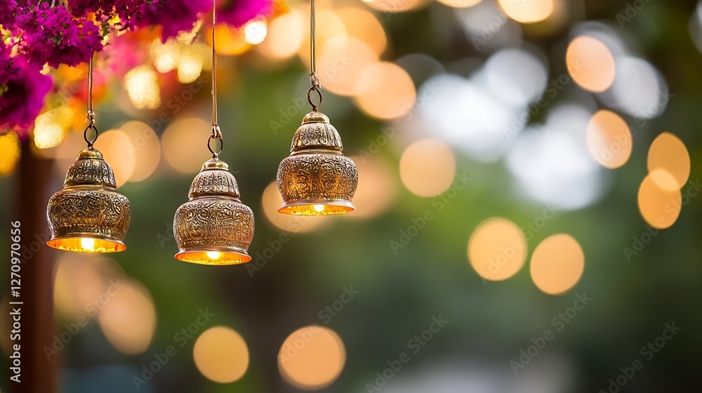 Aufkleber Elegant hanging lanterns create a warm ambiance with beautiful bokeh lights in a floral setting : Generative AI