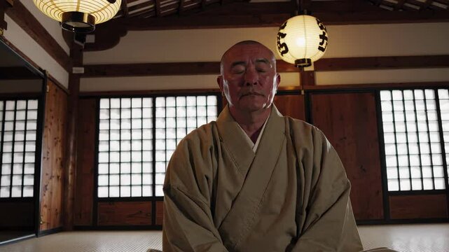 Japanese Monk Zen Meditation in Old Temple.