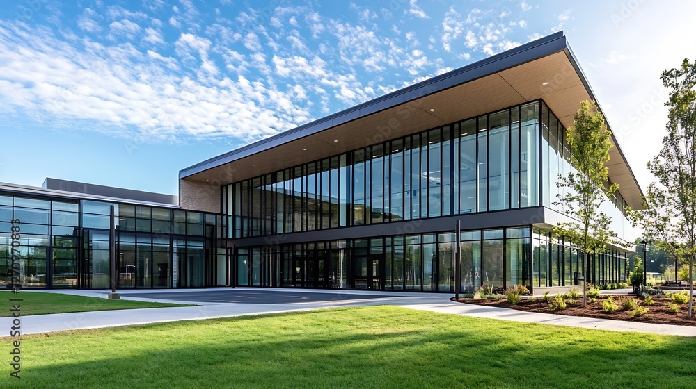Poster modern architectural design of a glass building surrounded by lush greenery and a clear blue sky : g