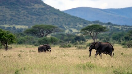 Fototapeta premium Majestic elephants roaming freely across golden plains surrounded by lush greenery and distant hills : Generative AI