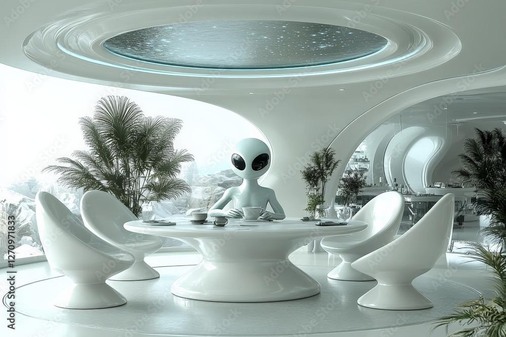 Poster unveiling extraterrestrial life in a modern, futuristic setting with sleek design and alien being at