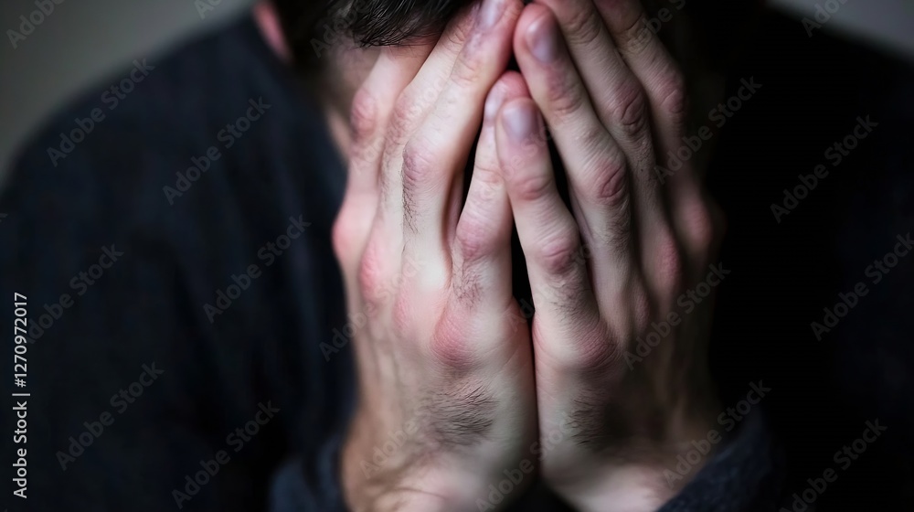 Poster an individual with hands on their face expressing deep emotional turmoil and distress captured in a 