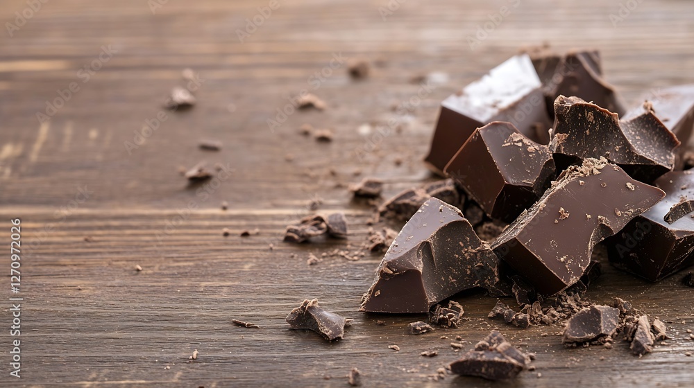 Poster delicious dark chocolate chunks broken apart on rustic wooden surface highlighting the rich texture 