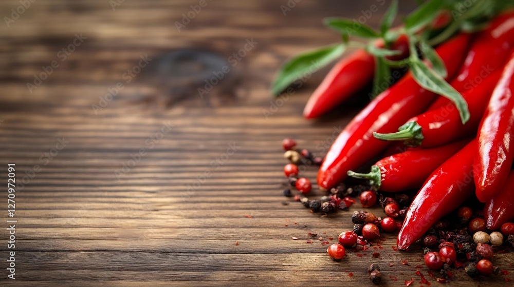 Poster fresh vibrant red chilies and colorful peppercorns on rustic wooden background : generative ai