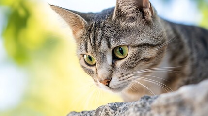 Adorable tabby cat with striking green eyes in a natural outdoor setting : Generative AI