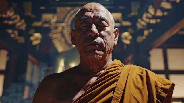 Japanese Monk Zen Meditation in Old Temple.