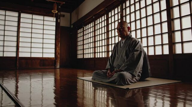 Japanese Monk Zen Meditation in Old Temple.
