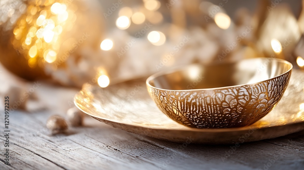 Poster elegant golden decorative bowl placed on rustic wood table with lights : generative ai