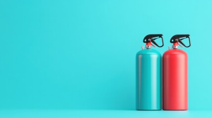 Obraz premium Colorful Fire Extinguishers on Bright Blue Background, Safety Equipment, Fire Protection Tools for Home or Office