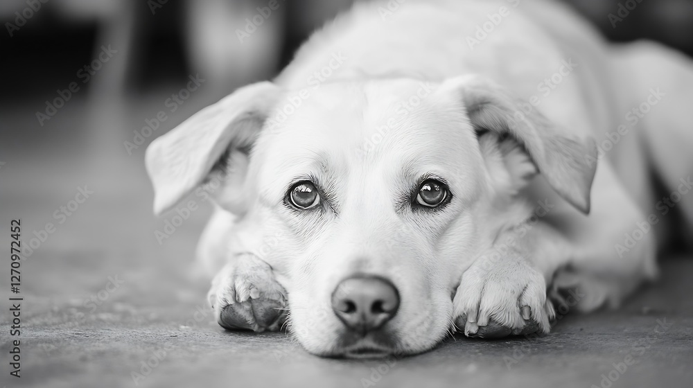 Poster adorable white dog lying on the ground with big eyes and a sad expression in black and white : gener