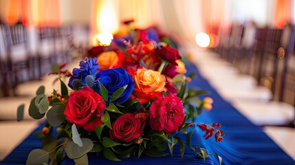 Obraz premium A vibrant red and blue wedding ceremony decor with roses, peonies
