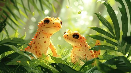 Naklejka premium Two animated, spotted lizards in a lush, green jungle setting with soft sunlight filtering through.