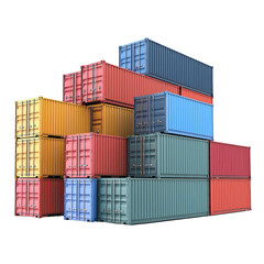 Fototapeta premium Warehouse packaging idea. Colorful shipping containers stacked in an organized manner, ideal for logistics imagery.