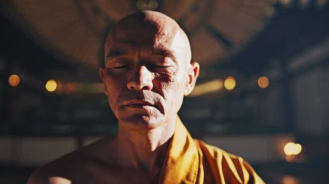 Japanese Monk Zen Meditation in Old Temple.