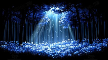 Enchanting blue forest illuminated by soft light shining through the trees