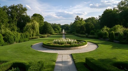 Expansive view of a beautifully manicured garden featuring intricate pathways and vibrant plants under a clear sky : Generative AI
