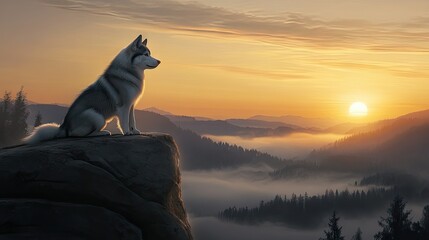 A Siberian Husky sitting atop a boulder, watching the sunrise over a vast, fog-covered valley.