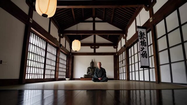 Japanese Monk Zen Meditation in Old Temple.
