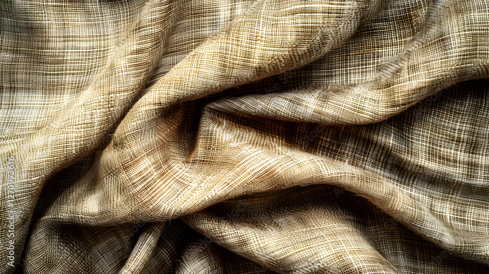 Poster close-up of a textured, crumpled fabric in neutral tones, showcasing intricate patterns and layers