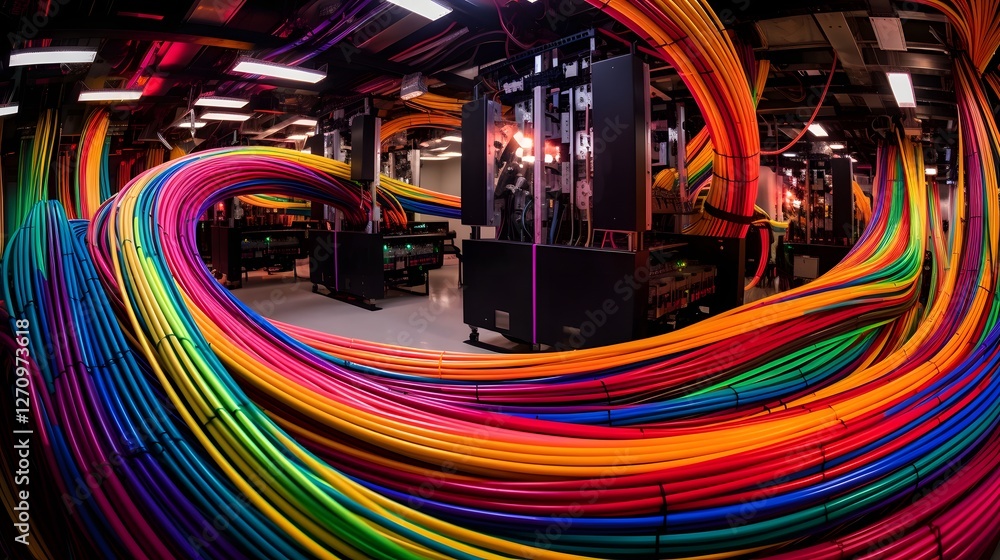 Poster futuristic cloud computing center with intricate network of interconnected fiber optic cables and gl