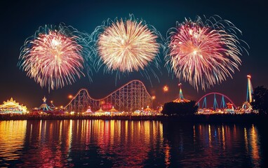 Fototapeta premium Fireworks illuminating a carnival with roller coasters in the background