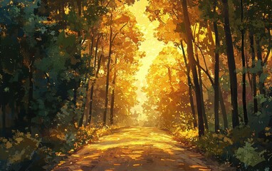 Obraz premium Forest road glowing in golden sunset light