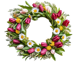 vibrant spring wreath made of fresh tulips, daisies, and greenery, perfect for seasonal decoration. This colorful arrangement brings cheerful touch to any space