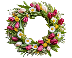 vibrant spring wreath made of fresh tulips, daisies, and greenery, perfect for seasonal decoration. This colorful arrangement brings cheerful touch to any space