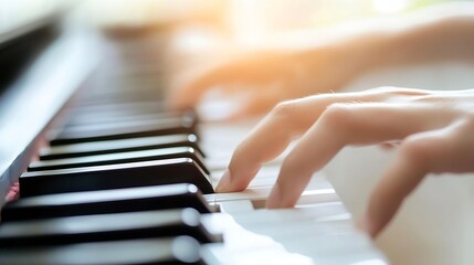 Fototapeta premium Closeup of hands playing piano keys in a sunlit room filled with warmth : Generative AI