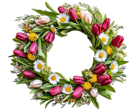 vibrant spring wreath made of fresh tulips, daisies, and greenery, perfect for seasonal decoration. This colorful arrangement brings cheerful touch to any space
