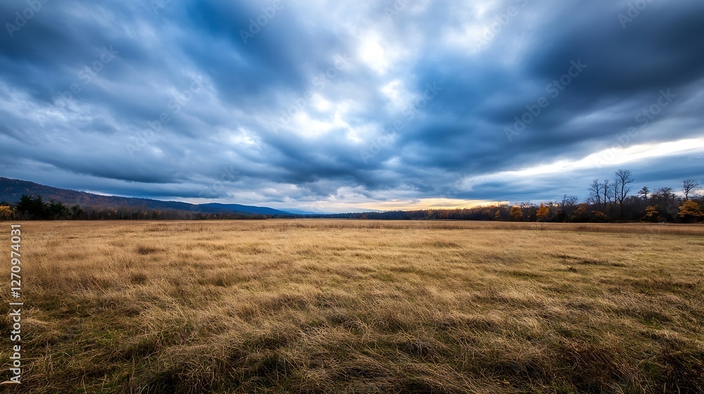 Aufkleber vast open field under dramatic cloudy sky at dusk capturing nature's serenity : generative ai