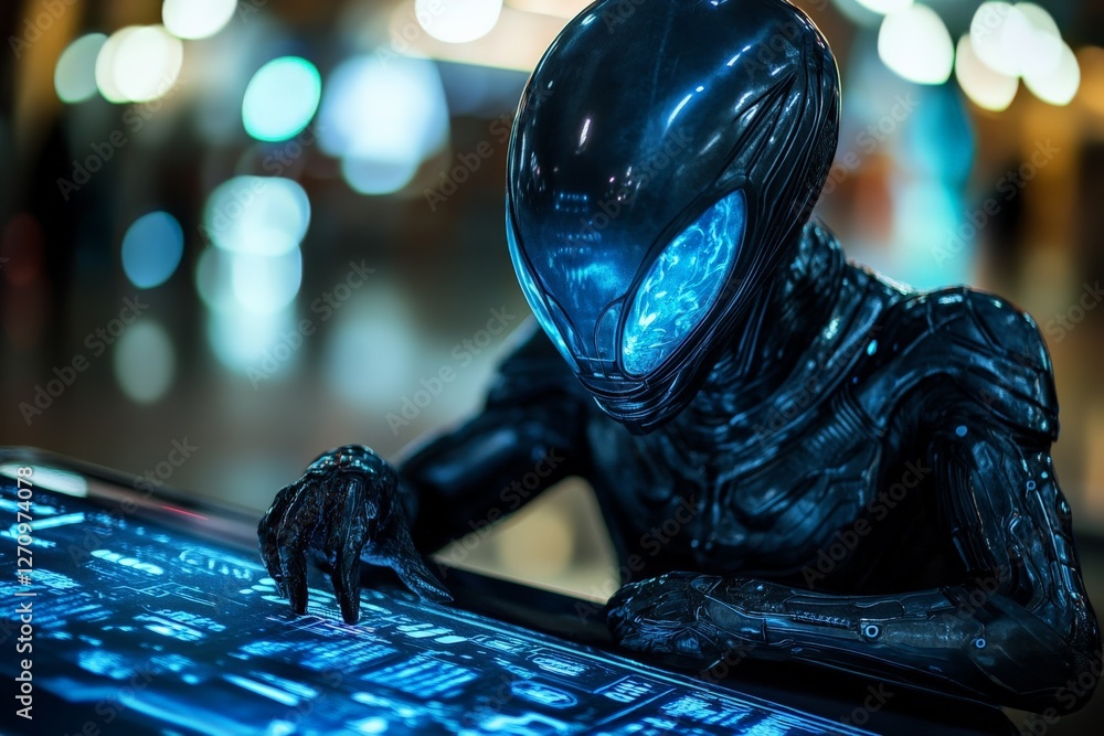 Poster futuristic alien being interacting with a digital interface in a high-tech environment