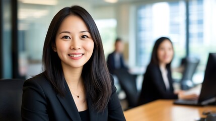 Cheerful young businesswoman smiling confidently in a modern office environment : Generative AI