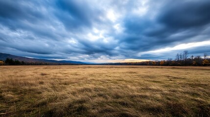 Vast Open Field Under Dramatic Cloudy Sky at Dusk Capturing Nature's Serenity : Generative AI