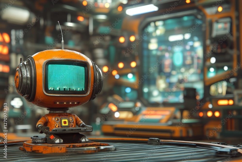 Poster colorful retro robot with a monitor in a futuristic tech environment showcasing detailed machinery a