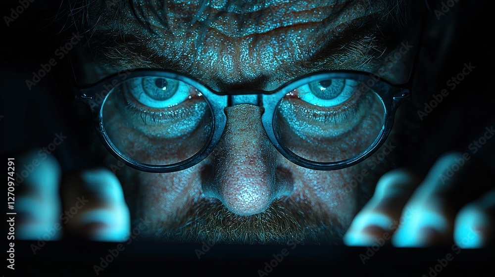 Poster man with glasses intently observing computer screen in modern work environment