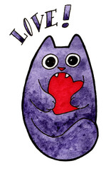 Cat with heart and inscription love. Cute illustration for greeting card, party invitation card, website banner, social media banner, marketing material