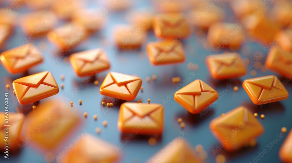 Poster a vibrant arrangement of orange email icons lies scattered across a blue background, symbolizing dig
